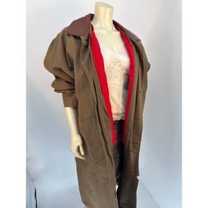 Vintage Brown Convertible Duster Coat Leather Collar Red Quilted Lining L/XL